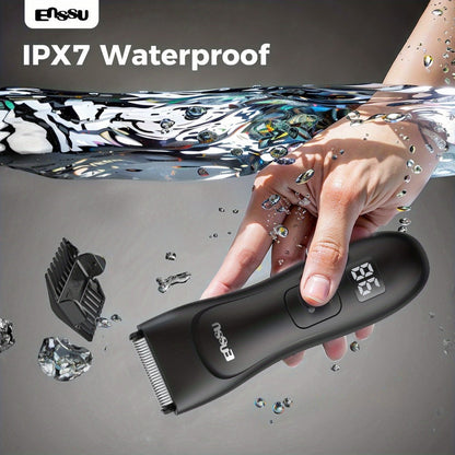 Ceramic-Blade Body Hair Trimmer with IPX7 Rating, LCD Display, Charging Stand and Black Housing