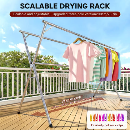 Clothes Drying Rack Collapsible Freestanding, Heavy Duty Stainless Steel Laundry Drying Rack Indoor Outdoor