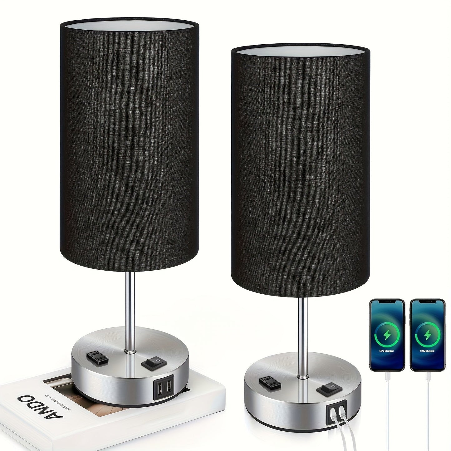 Table Lamp HOODINK with Cylindrical Shade, 3-Way Touch Dimming, USB-A, USB-C, AC Outlet and One or Two-Pack Options