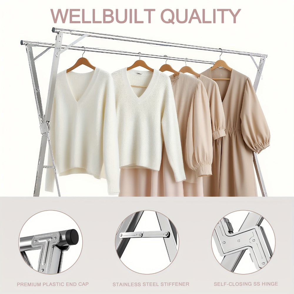 Folding A-Frame Clothes Drying Rack with Telescopic Rods, Wheels, Hooks and Four 62.9-94.4-Inch Layouts