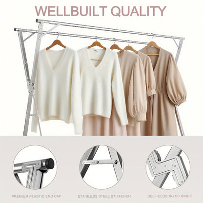 Folding A-Frame Clothes Drying Rack with Telescopic Rods, Wheels, Hooks and Four 62.9-94.4-Inch Layouts