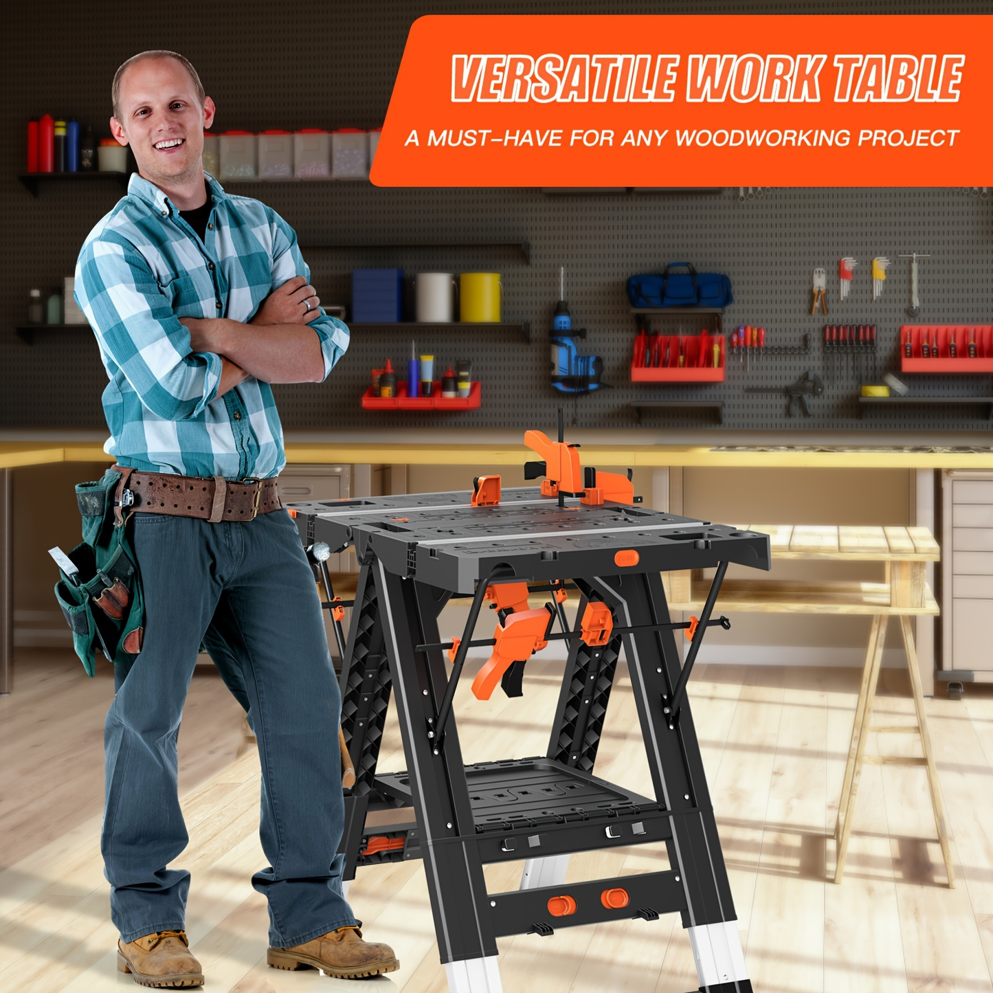 Black Folding 31 x 25-Inch Workbench and Sawhorse with Clamps, Connecting Blocks and Carry Handle