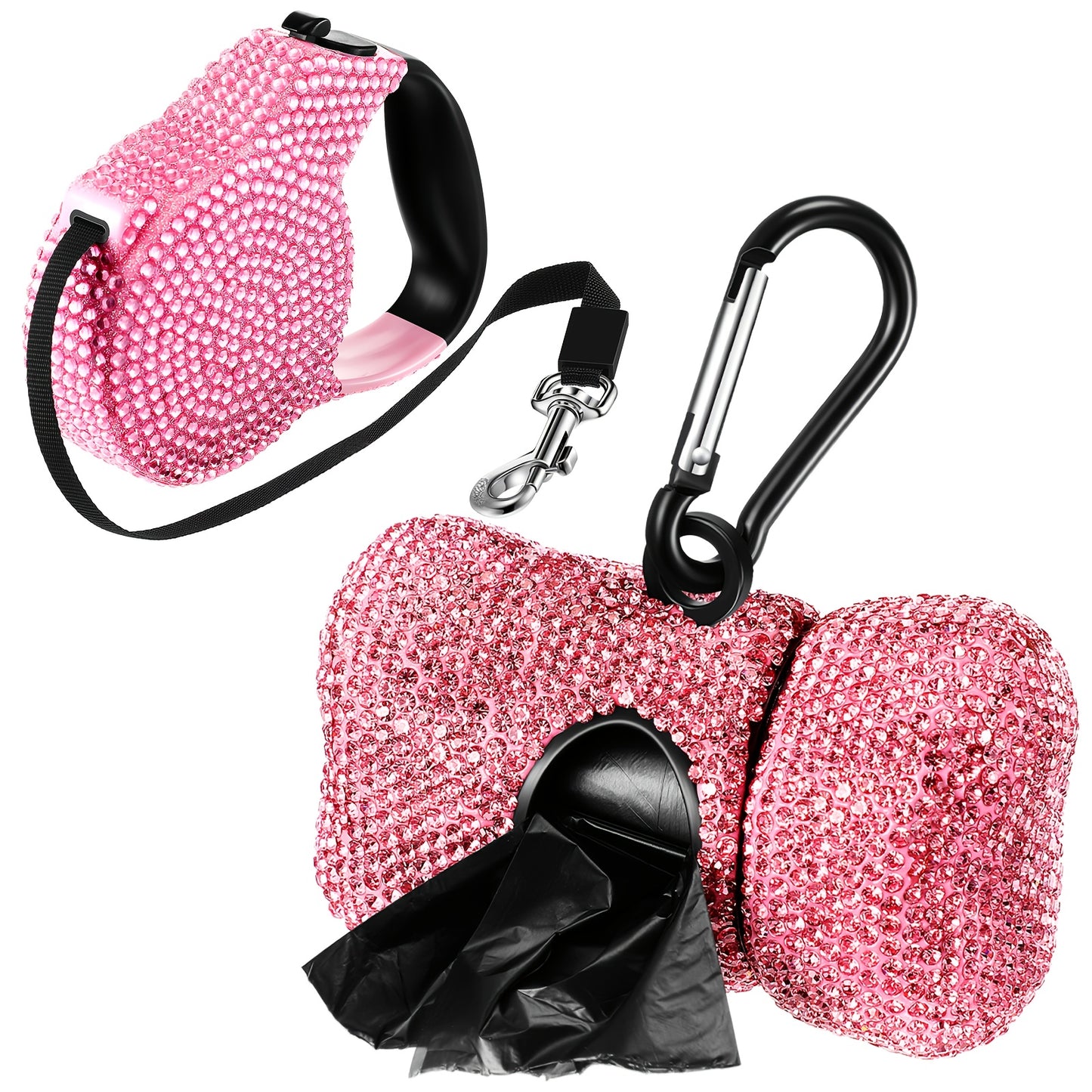 Retractable Dog Leash Set of 2 with Rhinestone Decoration, Pink Bone-Shaped Waste Bag Dispenser & Metal Clip