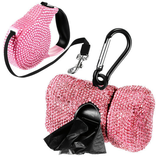 Retractable Dog Leash Set of 2 with Rhinestone Decoration, Pink Bone-Shaped Waste Bag Dispenser & Metal Clip