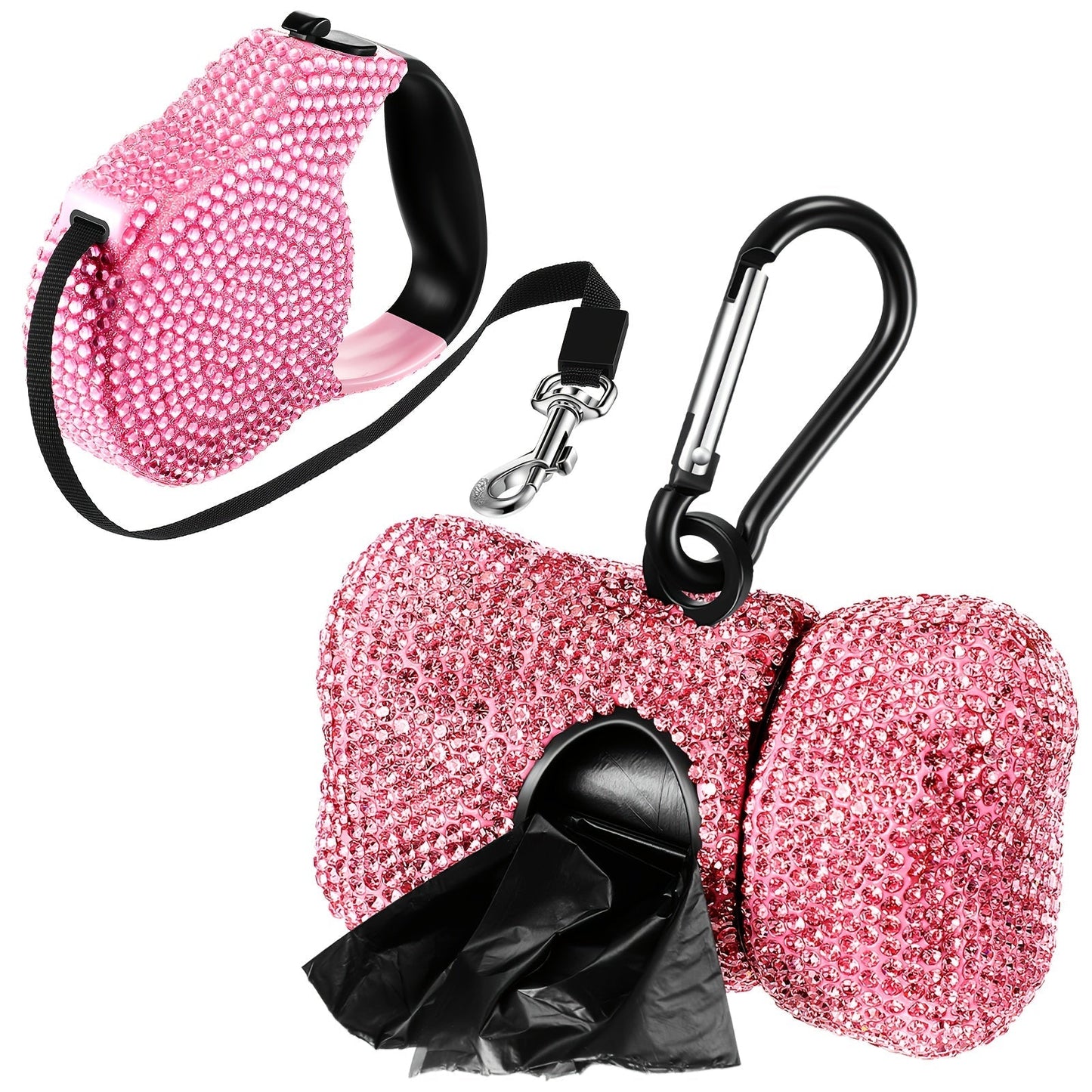 Pink Rhinestone Retractable Dog Leash with Bone-Shaped Waste Bag Dispenser, Metal Clip and One Roll