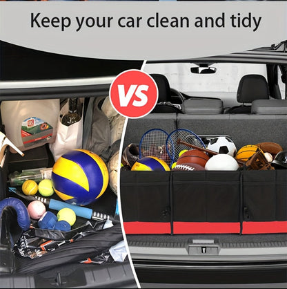 Car Trunk Organizer, 95L Foldable 4-Compartment Bin with Two Retractable Straps and Divider Set