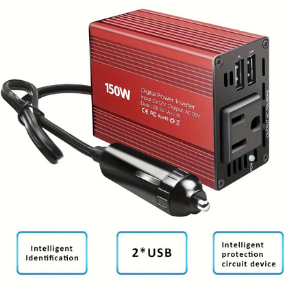 Red 150W Car Power Inverter with 12V DC Plug, 110V AC Outlet and Two USB-A Charging Ports for Vehicles
