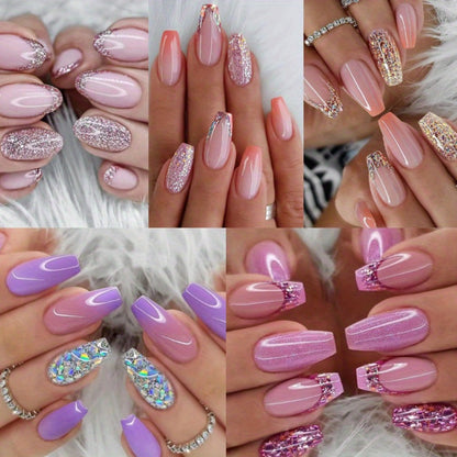 Press On Nails 120-Piece Medium Coffin Five-Pack Pinkish Purple Glitter Sequin Glossy Full-Cover Set
