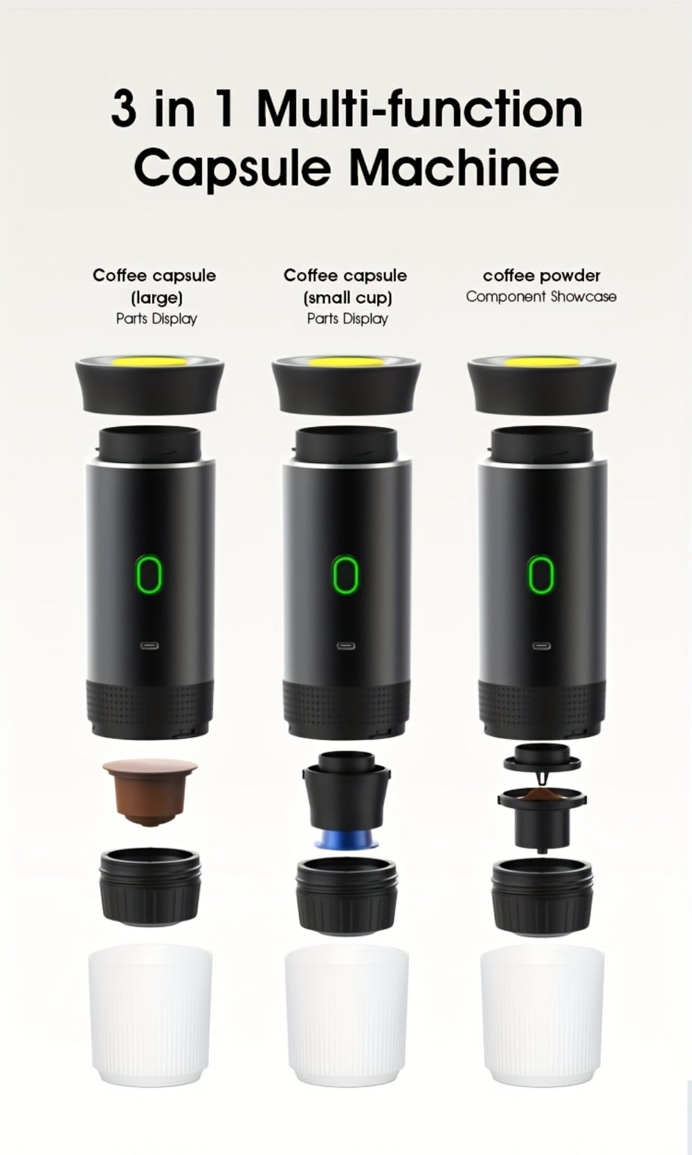 Portable Capsule Coffee Machine USB Rechargeable One-Touch Brewing Compact Espresso Maker for Bath Time, Home Spa and Personal Care