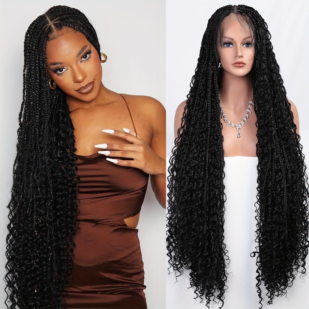 Thirty-Six-Inch Bohemian Square-Braid Wig with Curly Ends and Four Black, Blonde or Burgundy Options