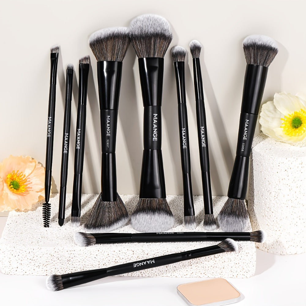 Makeup Brush Set, 10-Piece Double-Ended Nylon Bristle Collection with Cosmetic Bag and Three Color Options