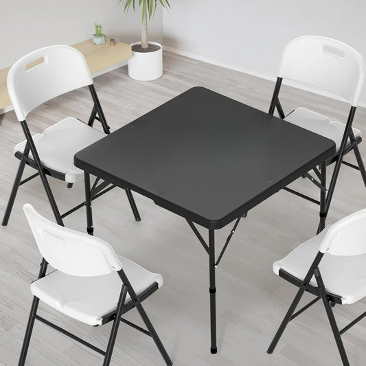 Portable Square Bi-Fold Table with Carry Handle in Black or White, Approximately 34 Inches Wide