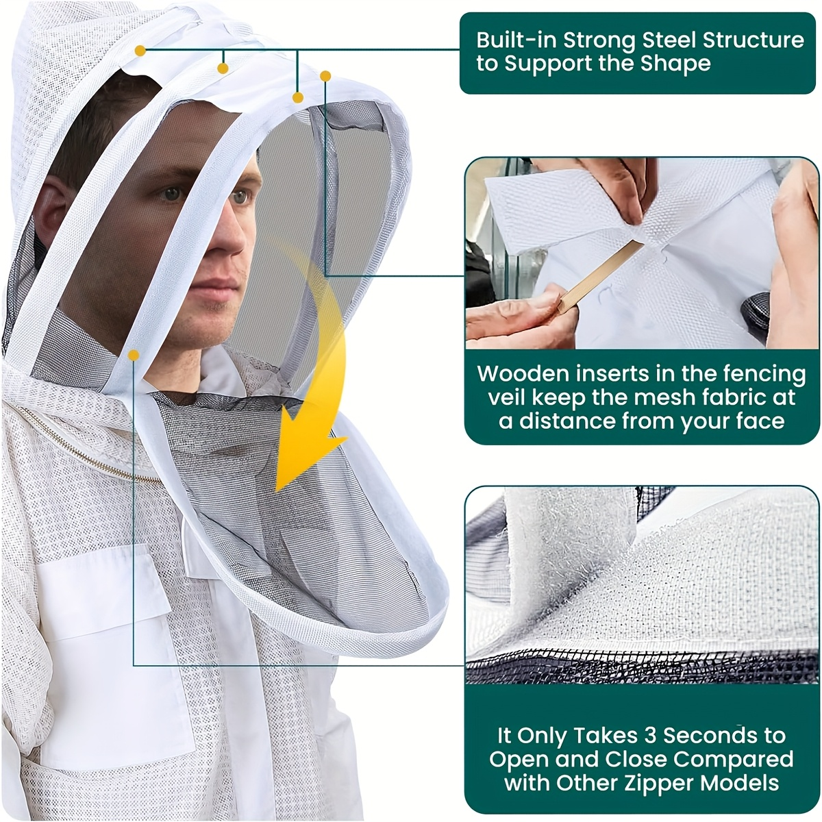 Beekeeping Suit Triple Layer Sting-Resistant Gloves 2 Veils S-3XL for Garden, Patio and Yard Use