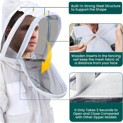 Beekeeping Suit Triple Layer Sting-Resistant Gloves 2 Veils S-3XL for Garden, Patio and Yard Use