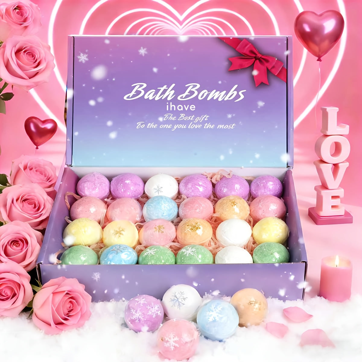 Bath Bombs, 24-Piece Assorted Color Gift Box with Eight Labeled Fragrances and Round Mini Fizzers
