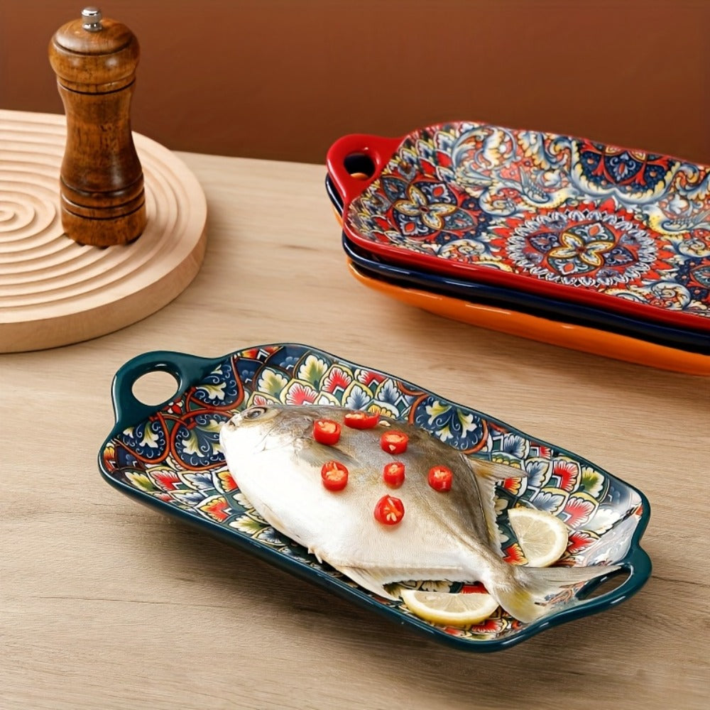 Ceramic Serving Platter Set of 4, Bohemian Rectangular Fish Dish with Double Handles, Baking Tray for Sushi Pasta Desserts Salads Fruits