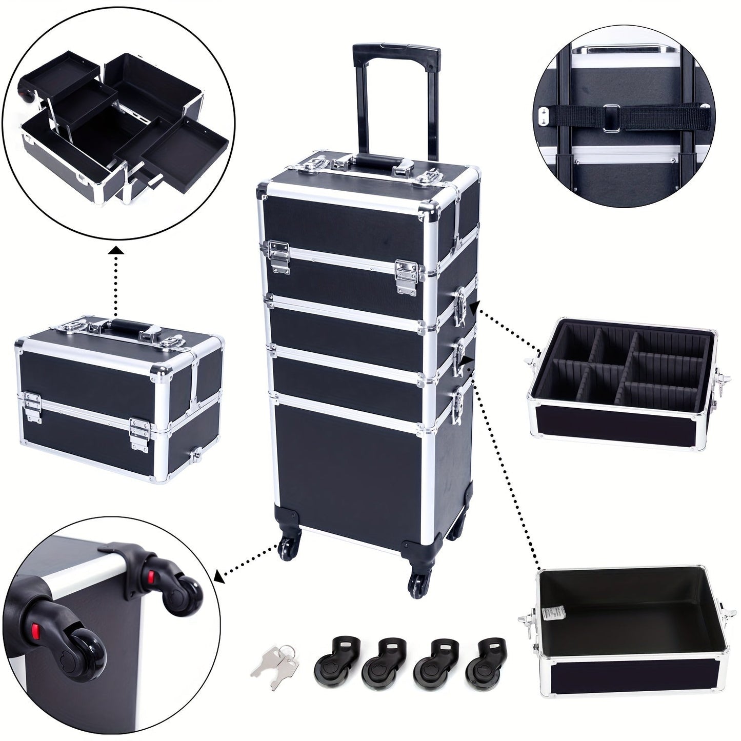Rolling Makeup Case Aluminum 4-in-1 Extra Large Professional Cosmetic Trolley with 360° Swivel Wheels for Makeup Artist Tattoo Artist Salon