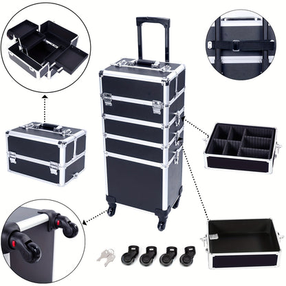 Rolling Makeup Case Aluminum 4-in-1 Extra Large Professional Cosmetic Trolley with 360° Swivel Wheels for Makeup Artist Tattoo Artist Salon