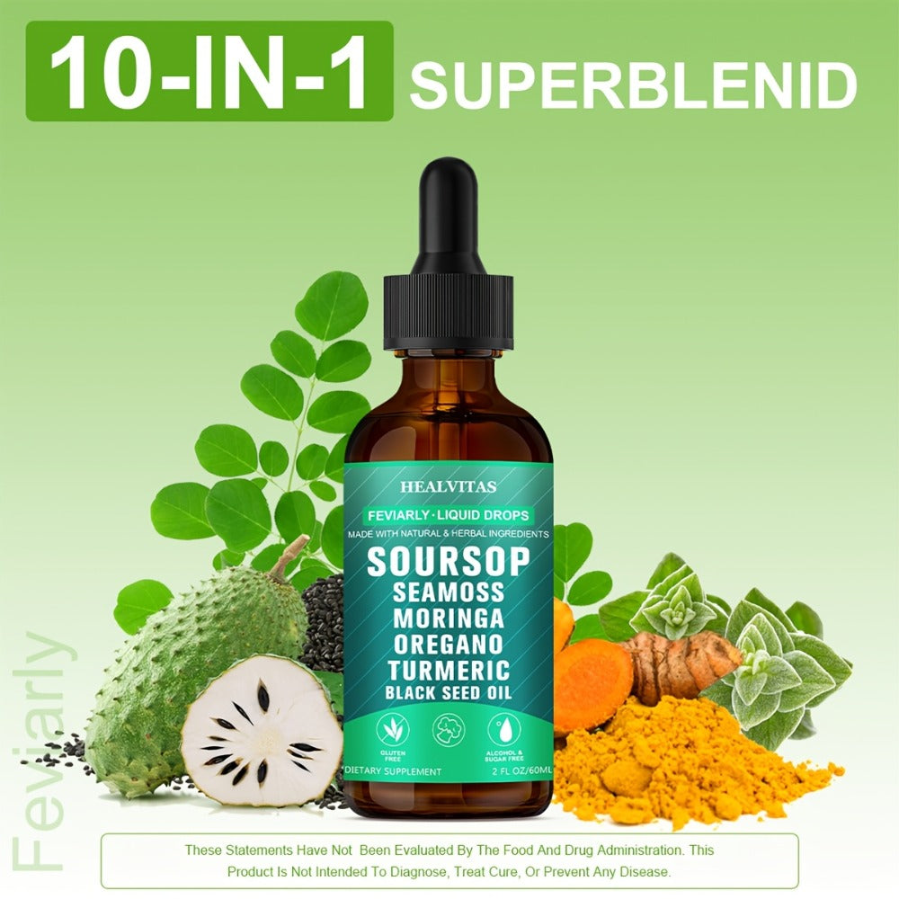 Soursop Bitters Liquid Supplement 2oz 10-in-1 with Seaweed Moringa Turmeric Black Seed Oil & Oregano Herbal Extracts