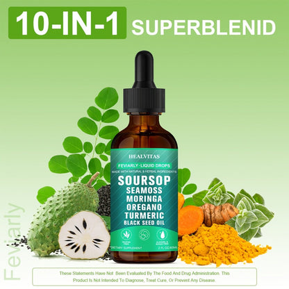 Soursop Bitters Liquid Supplement 2oz 10-in-1 with Seaweed Moringa Turmeric Black Seed Oil & Oregano Herbal Extracts