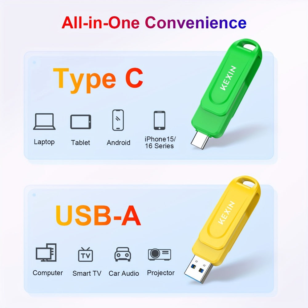 USB Flash Drive KEXIN 2-in-1 Rotating USB-C and USB-A Memory Stick in Five Colors, 32GB to 128GB