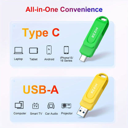 USB Flash Drive KEXIN 2-in-1 Rotating USB-C and USB-A Memory Stick in Five Colors, 32GB to 128GB