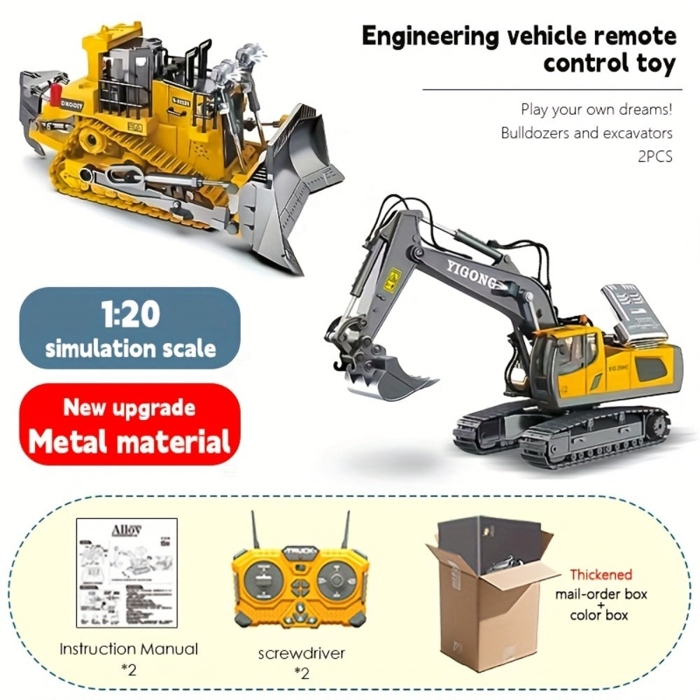 Remote Control Excavator Toy Set for Kids with Metal Shovel Bucket LED Lights & 1200mAh Rechargeable Battery