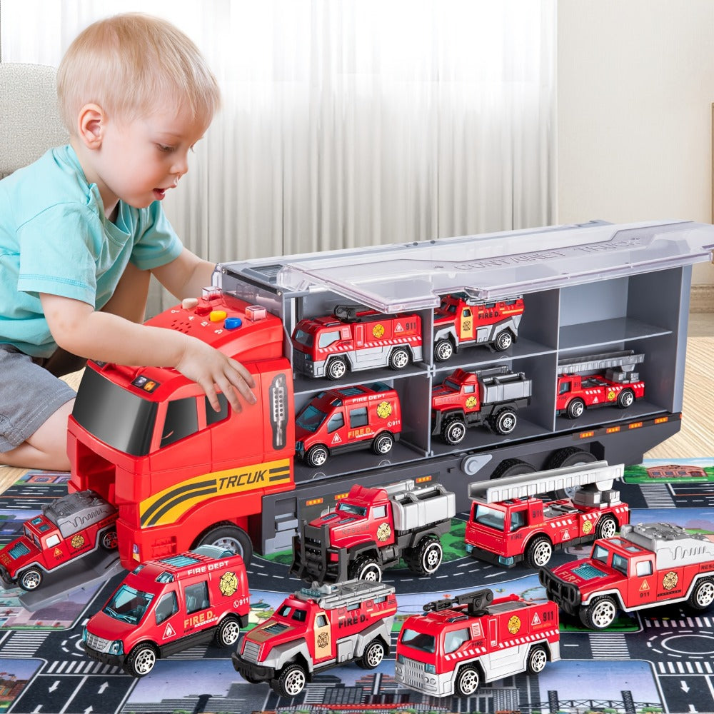 Fire Truck Toy Set for Kids Ages 3-6, Die-Cast Metal Carrier Truck with Play Mat, Emergency Vehicle Collection