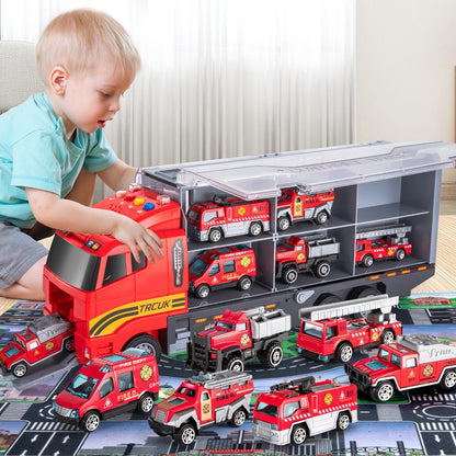 Fire Truck Toy Set for Kids Ages 3-6, Die-Cast Metal Carrier Truck with Play Mat, Emergency Vehicle Collection