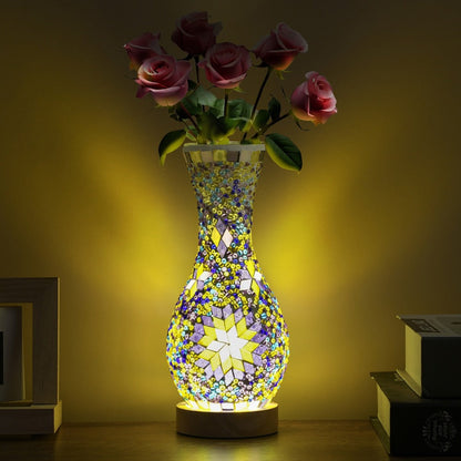 Mosaic Vase Lamp Turkish Moroccan Handmade Colorful Glass Table Lamp with Wooden Base, USB Plug-In Boho Night Light