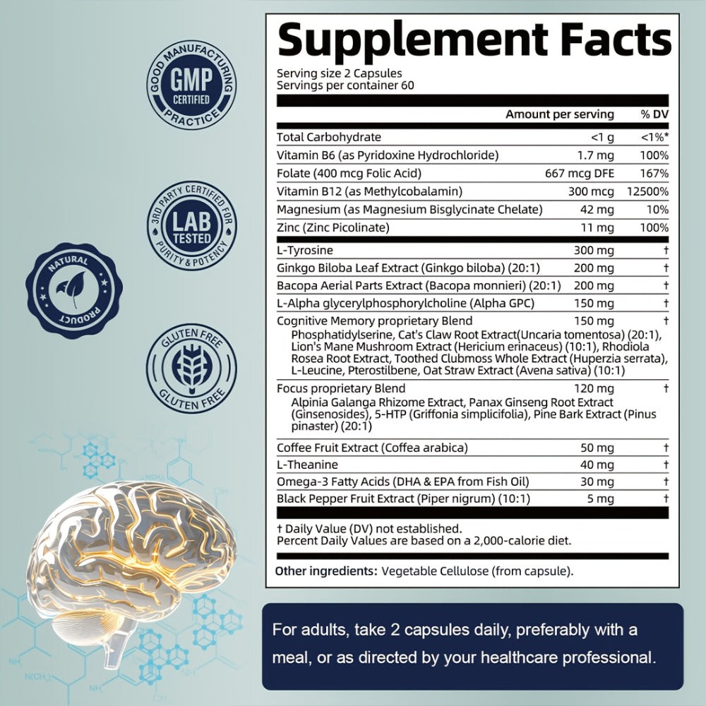 Memory Focus Brain Supplement 120 Capsules, Advanced Nootropic Formula with Ginkgo Biloba, Bacopa Monnieri