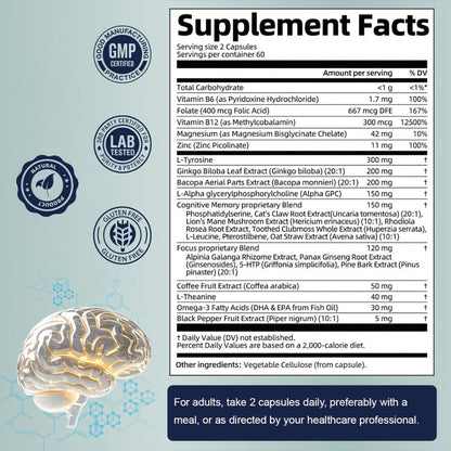 Memory Focus Brain Supplement 120 Capsules, Advanced Nootropic Formula with Ginkgo Biloba, Bacopa Monnieri
