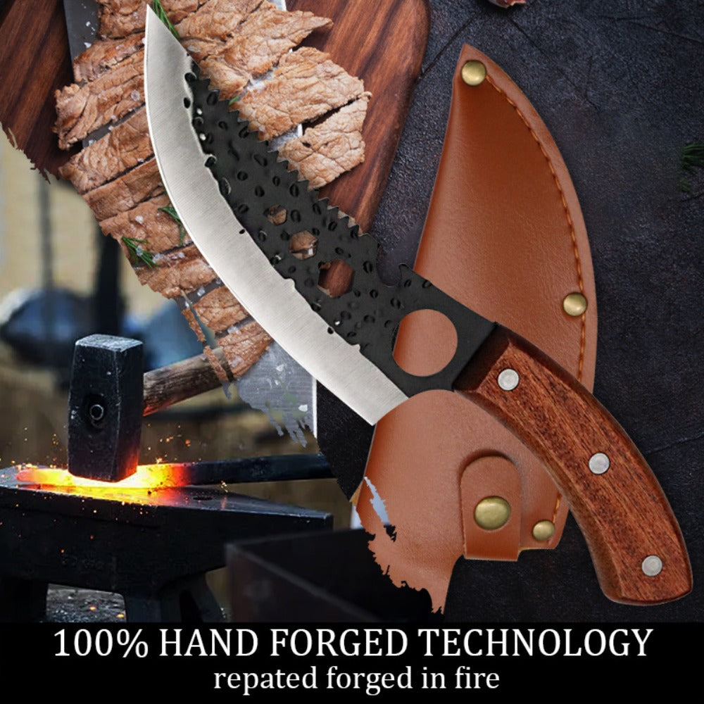 Viking Chef Knife Set 3/4pcs Hammered Stainless Steel Kitchen Knives – Boning, Utility & BBQ Knife with Wooden Handle for Cooking