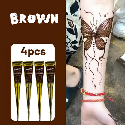 Temporary Semi-Permanent Tattoo Paste Kit - Body Art Gel in Brown & Black with Tattoo Templates