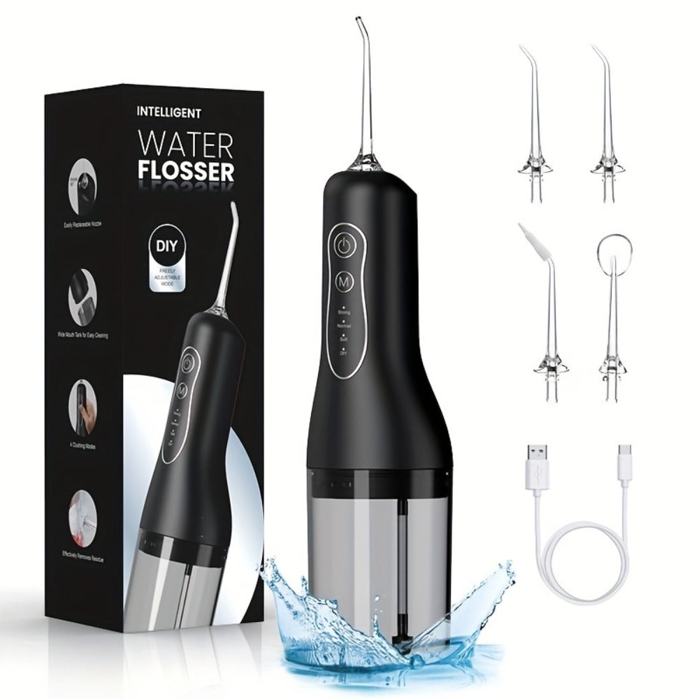 Water Flosser Cordless Black 300ml Oral Irrigator with Four Modes, Four Nozzles, 700mAh Battery, USB Charging and IPX7 Rating