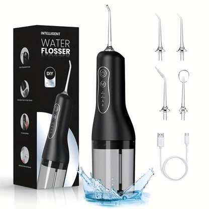 Water Flosser Cordless Black 300ml Oral Irrigator with Four Modes, Four Nozzles, 700mAh Battery, USB Charging and IPX7 Rating