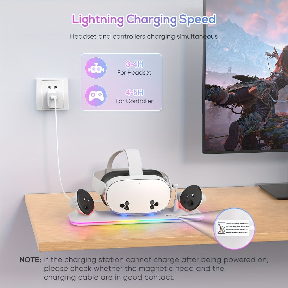 Meta Quest 3S / Quest 3 Charging Dock, PD 18W Fast Charging Station with RGB Light, Magnetic Charger Stand for Headset & Controllers