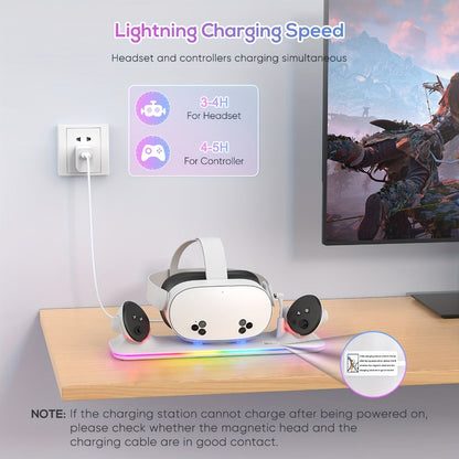 Meta Quest 3S / Quest 3 Charging Dock, PD 18W Fast Charging Station with RGB Light, Magnetic Charger Stand for Headset & Controllers