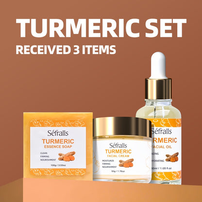 Turmeric Skincare Set 3 Pcs – Turmeric Face Cream, Facial Soap & Essential Oil Kit for Deep Pore Cleansing, Brightening & Moisturizing