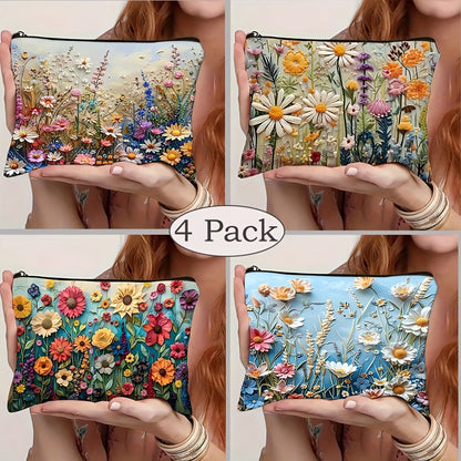 Makeup Bag Four-Piece Daisy Floral Foldable Zipper Pouch Set for Travel, Vanity and Everyday Beauty Storage