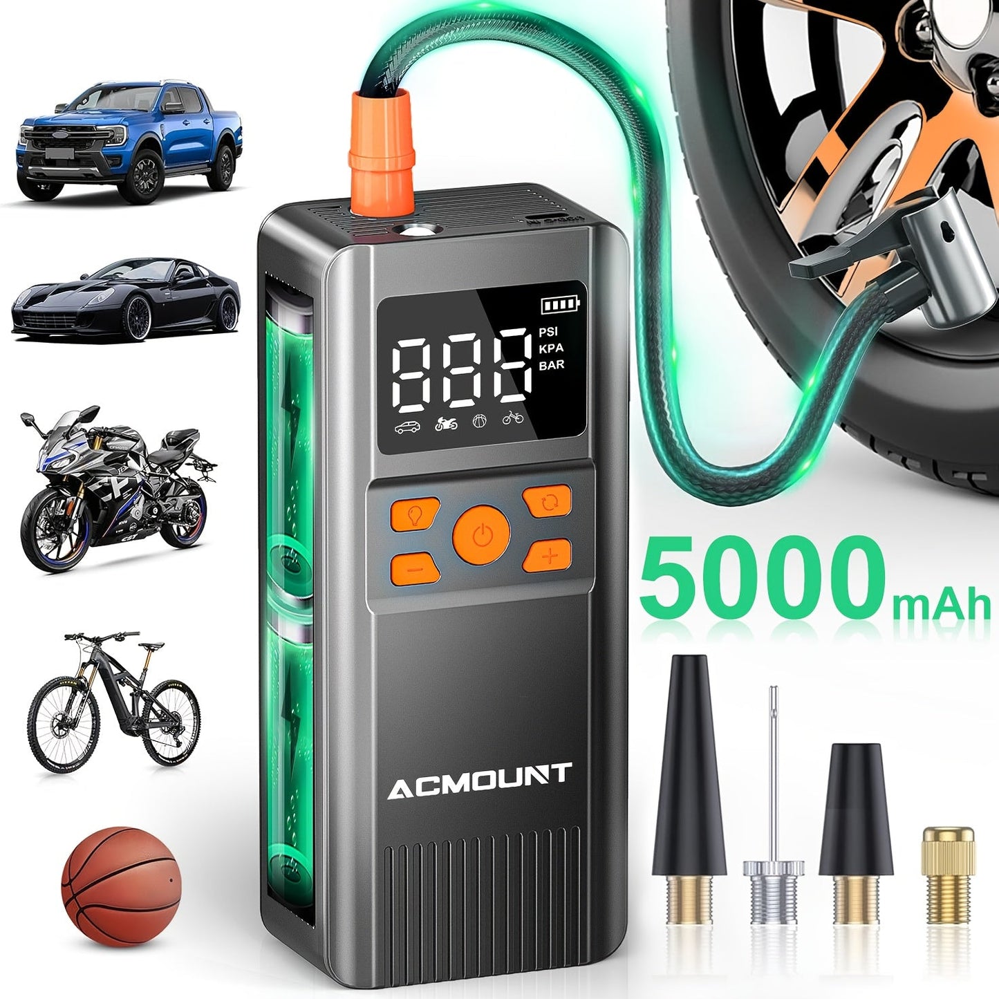 Portable Tire Inflator Cordless Air Compressor – 150PSI Fast Inflation, 5000mAh Rechargeable Battery, Digital Pressure Gauge, LED Light