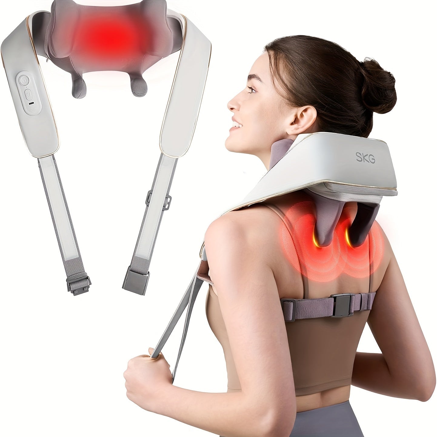 Wearable Neck & Shoulder Massager with Heat, 6D Bionic Hand Kneading Trapezius Massager, 9 Modes 3 Intensities 40-45°C Heat