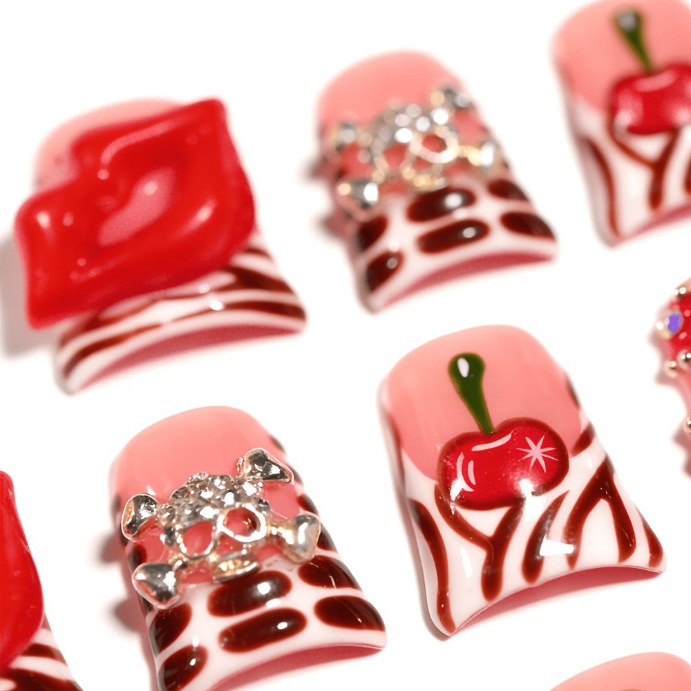 Press On Nails 10-Piece Short Duckbill Acrylic Set with Skull, Cherry, Bow, Rhinestone and Zebra Details