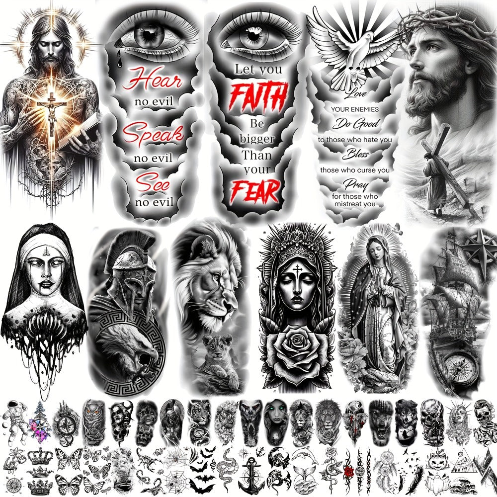 Temporary Tattoos, 68-Sheet Faith and Quote Set with Prayer, Peace, Lion, Eye and Tribal Motifs