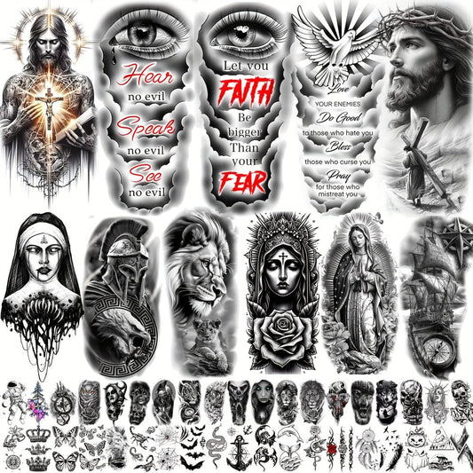 Temporary Tattoos, 68-Sheet Faith and Quote Set with Prayer, Peace, Lion, Eye and Tribal Motifs