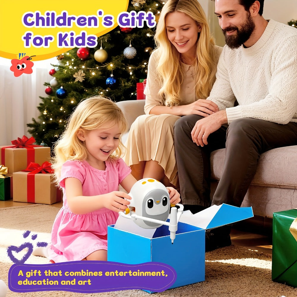 Drawing Robot for Kids Penguin, 200 Learning Cards & 12 Color Pens, STEM Art Educational Toy, Screen-Free Interactive Drawing Game