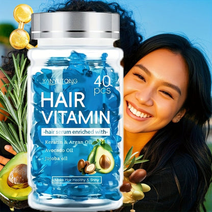 Hair Oil Capsules 40pcs – Keratin Hair Vitamin Essence with Moroccan Argan Oil, Avocado Oil & Jojoba Oil | No-Rinse Deep Nourishing