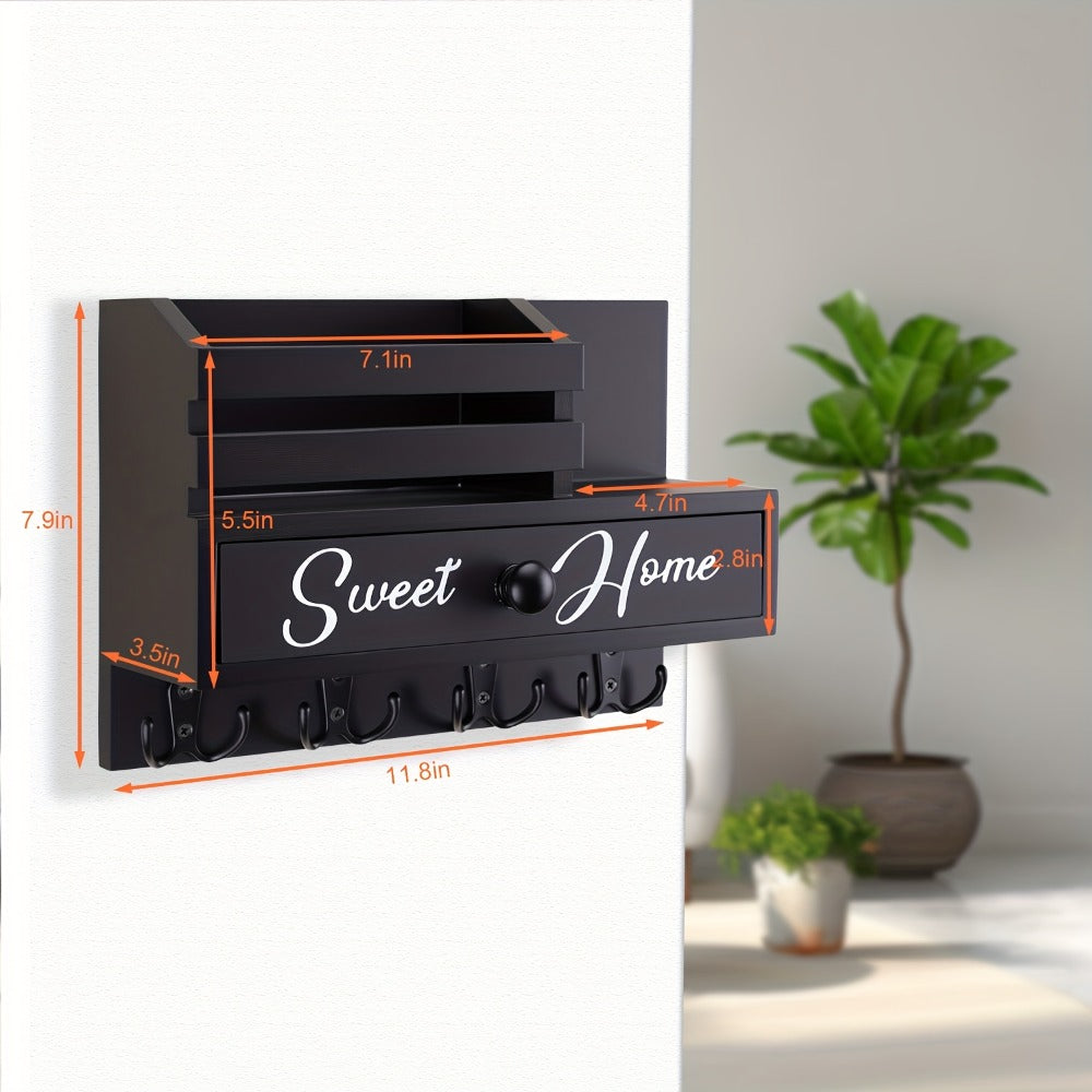 Key Holder for Wall with Drawer 8 Hooks, Rustic Wood Wall Mounted Key & Mail Organizer for Entryway