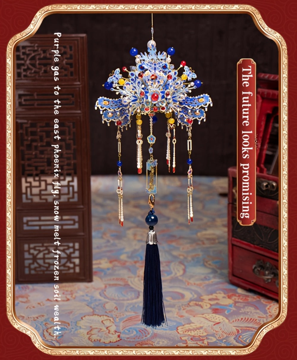 3D Metal Puzzle Phoenix Crown Qingluan – Blue & Gold DIY Assembly with Beads & Tassels, Chinese Mythology Art Collectible