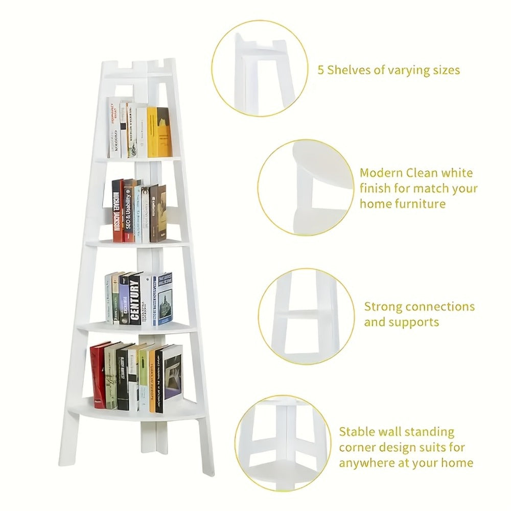 White Five-Tier Ladder-Style Freestanding Corner Shelf, Approximately 110 cm High and 34 cm Wide